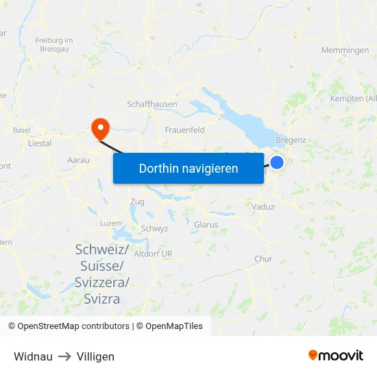 Widnau to Villigen map