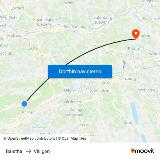 Balsthal to Villigen map
