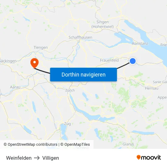 Weinfelden to Villigen map