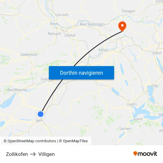 Zollikofen to Villigen map