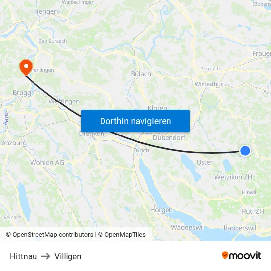 Hittnau to Villigen map