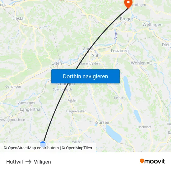 Huttwil to Villigen map