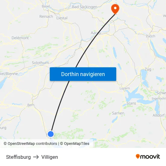 Steffisburg to Villigen map