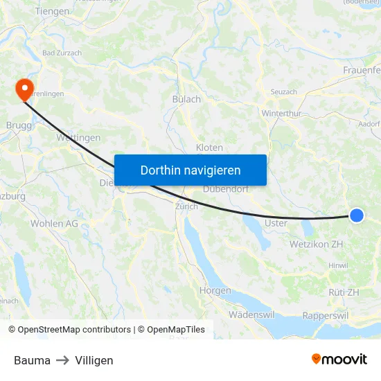 Bauma to Villigen map