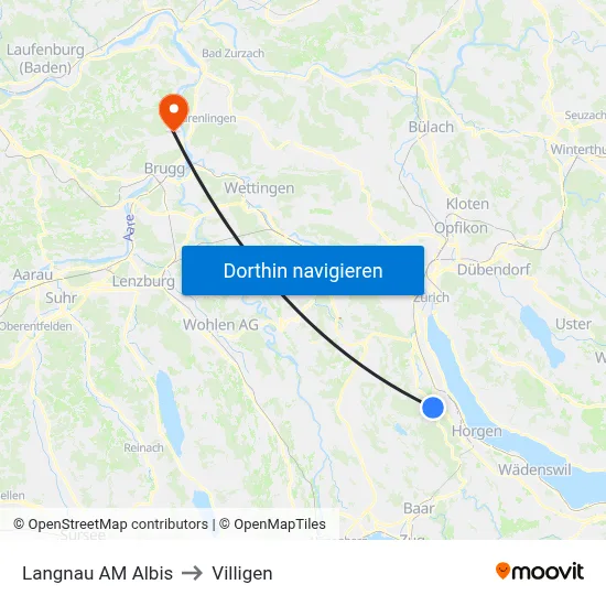 Langnau AM Albis to Villigen map