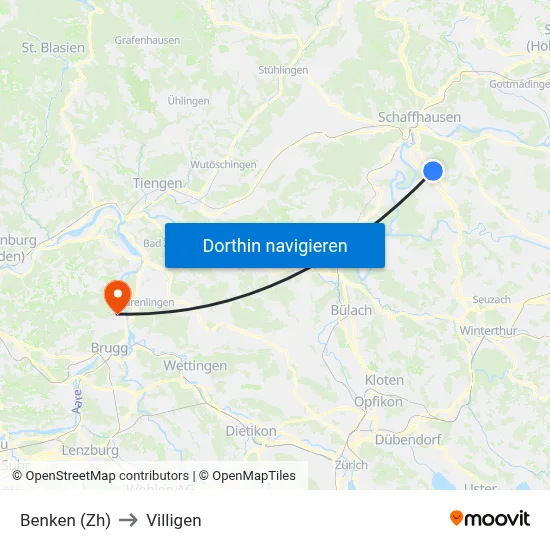 Benken (Zh) to Villigen map