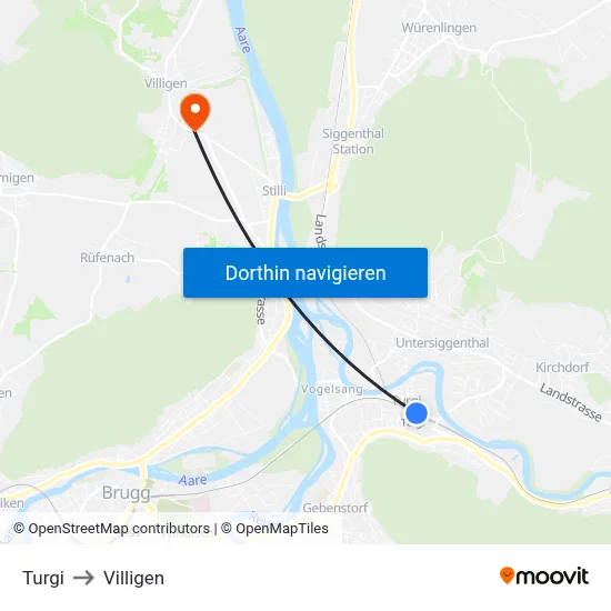 Turgi to Villigen map