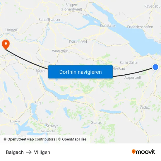 Balgach to Villigen map