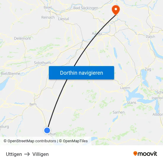Uttigen to Villigen map