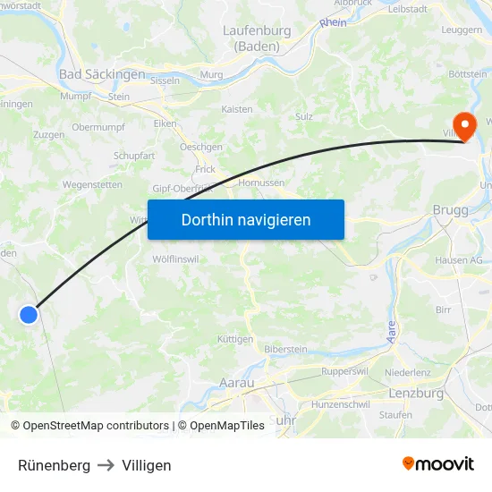 Rünenberg to Villigen map