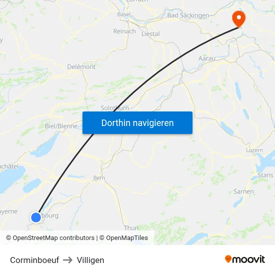 Corminboeuf to Villigen map