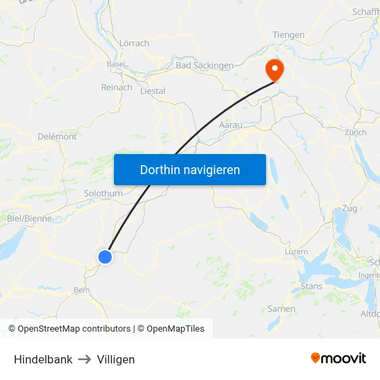 Hindelbank to Villigen map
