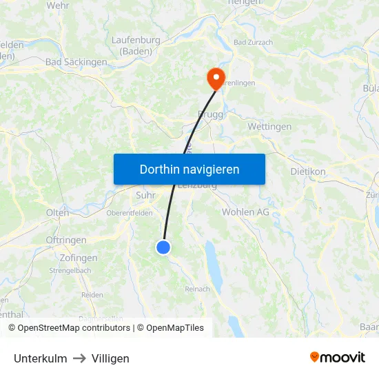 Unterkulm to Villigen map
