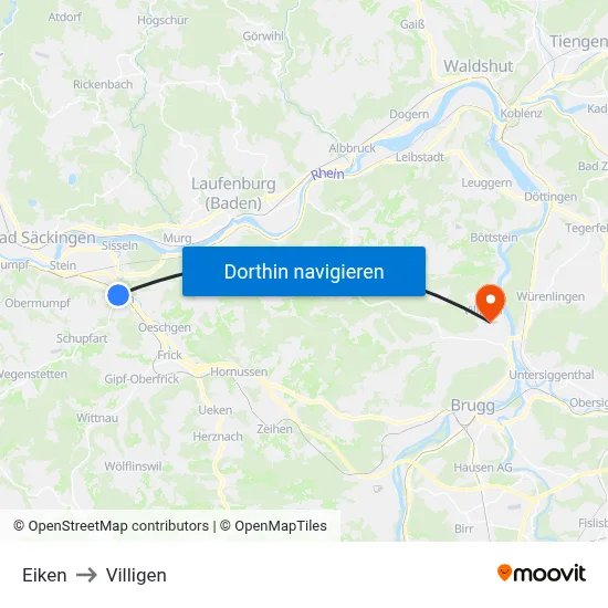 Eiken to Villigen map