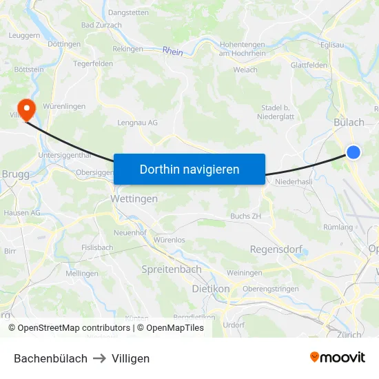 Bachenbülach to Villigen map