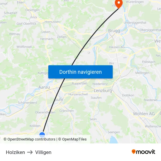 Holziken to Villigen map