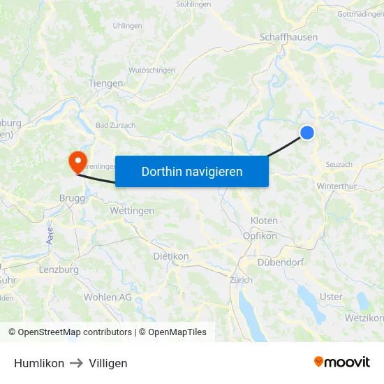Humlikon to Villigen map