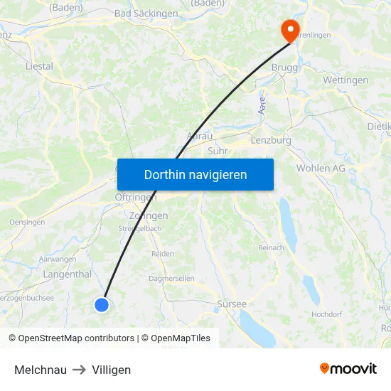 Melchnau to Villigen map