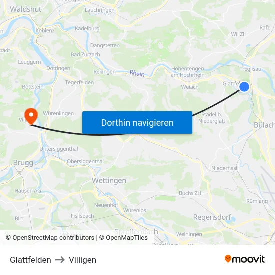 Glattfelden to Villigen map