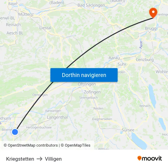 Kriegstetten to Villigen map