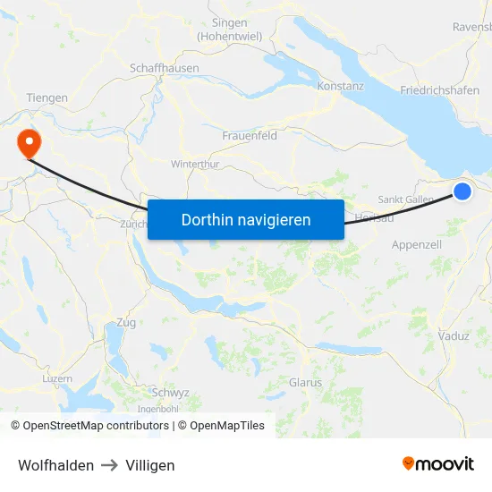 Wolfhalden to Villigen map