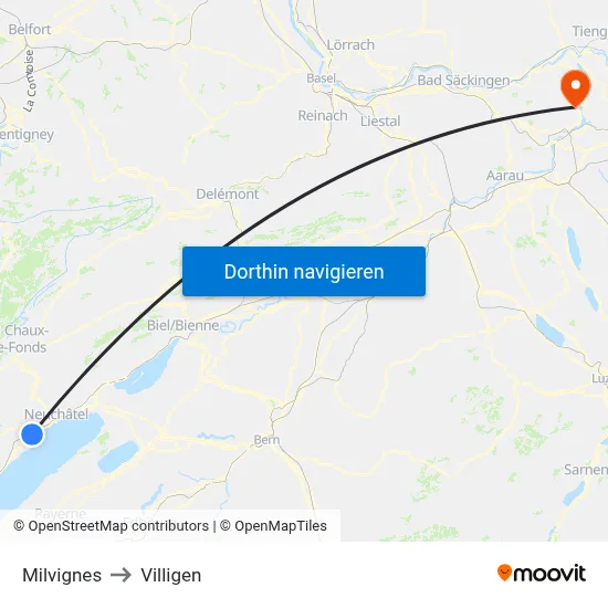 Milvignes to Villigen map