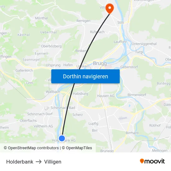 Holderbank to Villigen map
