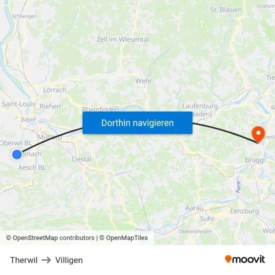 Therwil to Villigen map