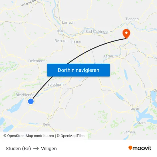 Studen (Be) to Villigen map