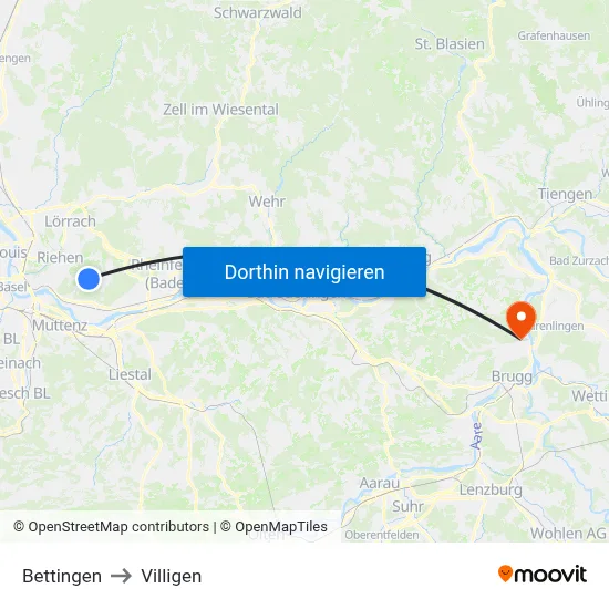 Bettingen to Villigen map
