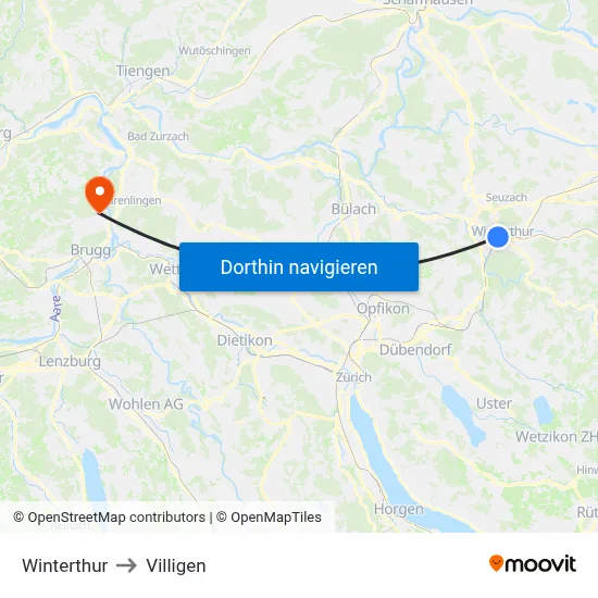 Winterthur to Villigen map