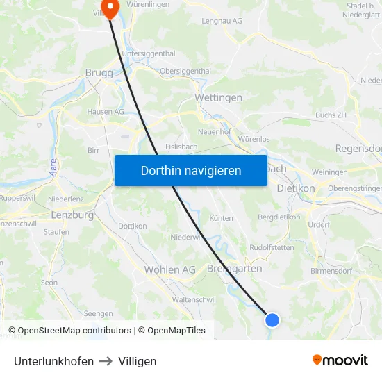 Unterlunkhofen to Villigen map