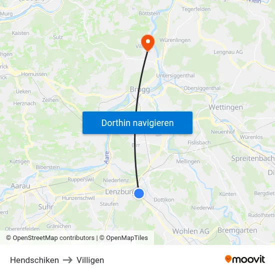 Hendschiken to Villigen map