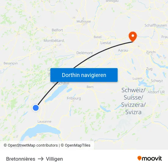 Bretonnières to Villigen map