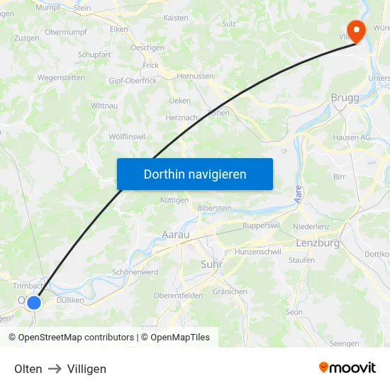 Olten to Villigen map