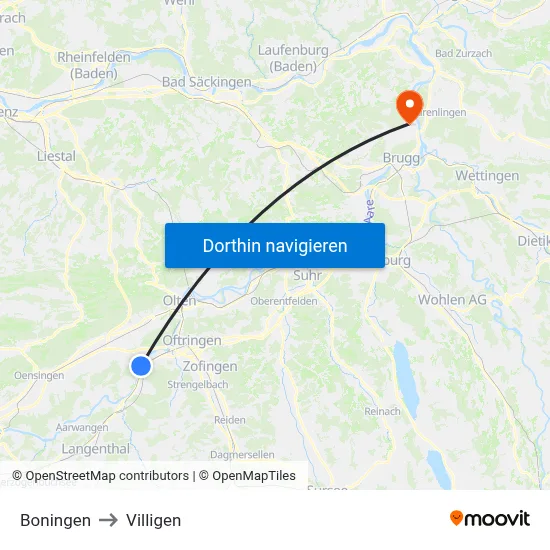 Boningen to Villigen map