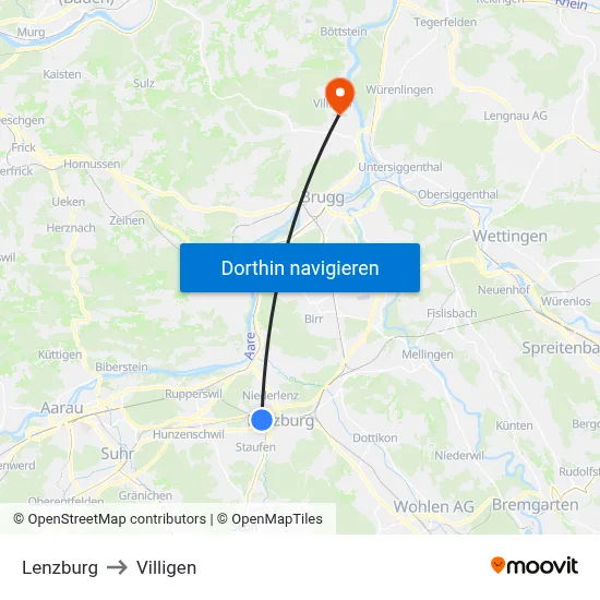 Lenzburg to Villigen map