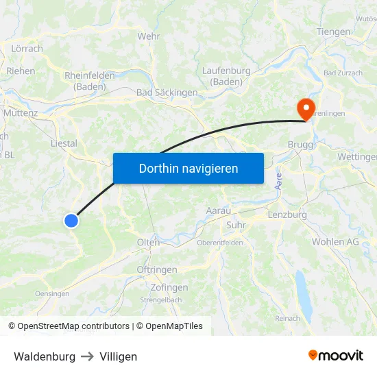 Waldenburg to Villigen map