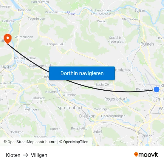 Kloten to Villigen map