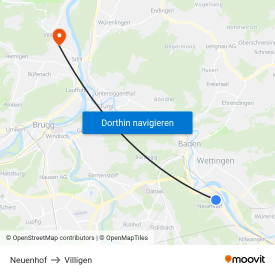 Neuenhof to Villigen map