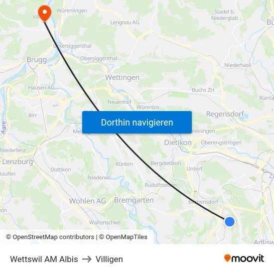 Wettswil AM Albis to Villigen map