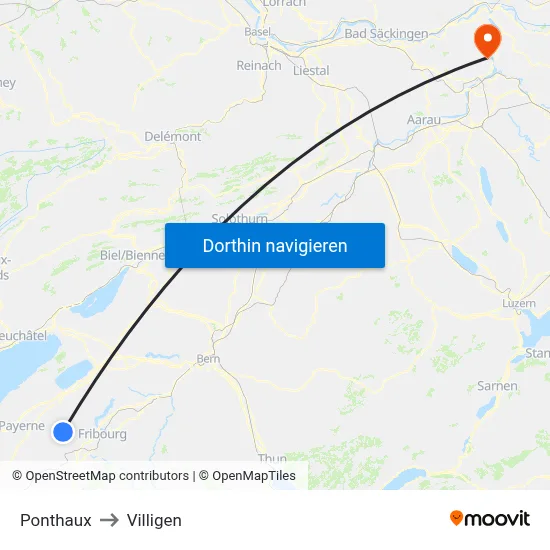 Ponthaux to Villigen map