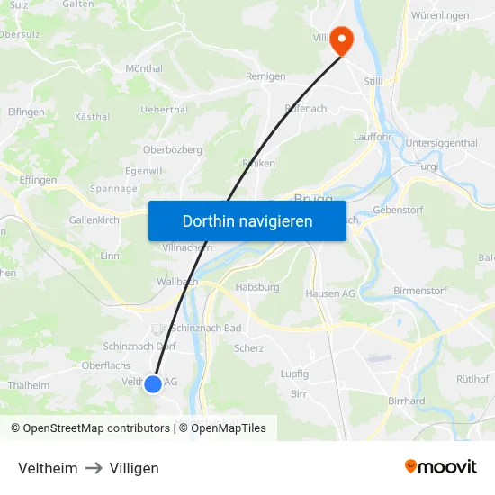 Veltheim to Villigen map