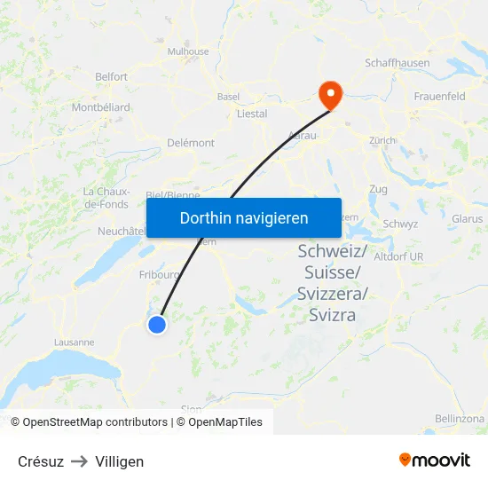 Crésuz to Villigen map