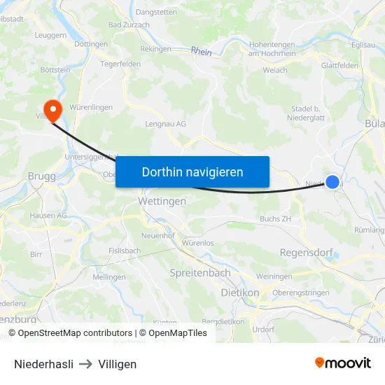 Niederhasli to Villigen map