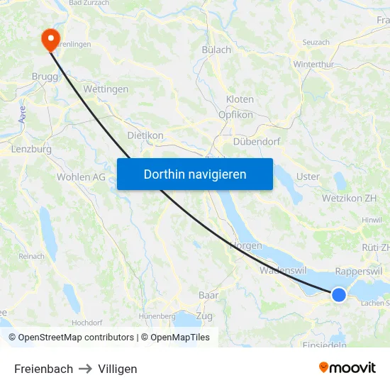 Freienbach to Villigen map