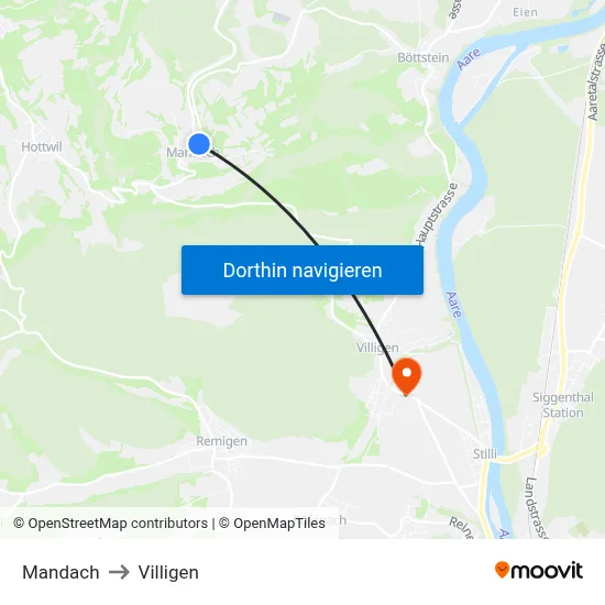 Mandach to Villigen map