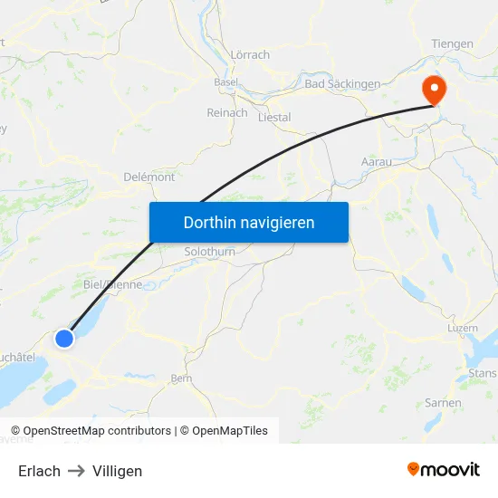 Erlach to Villigen map