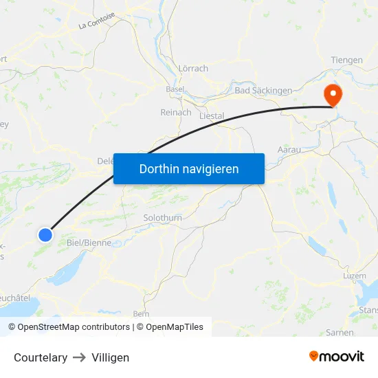 Courtelary to Villigen map