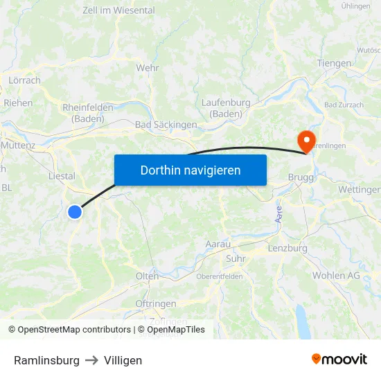 Ramlinsburg to Villigen map